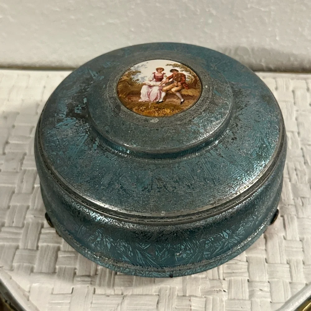 ANTIQUE VASELINE URANIUM GLASS powder puff bowl inside a tin lidded container - Picture 3 of 16